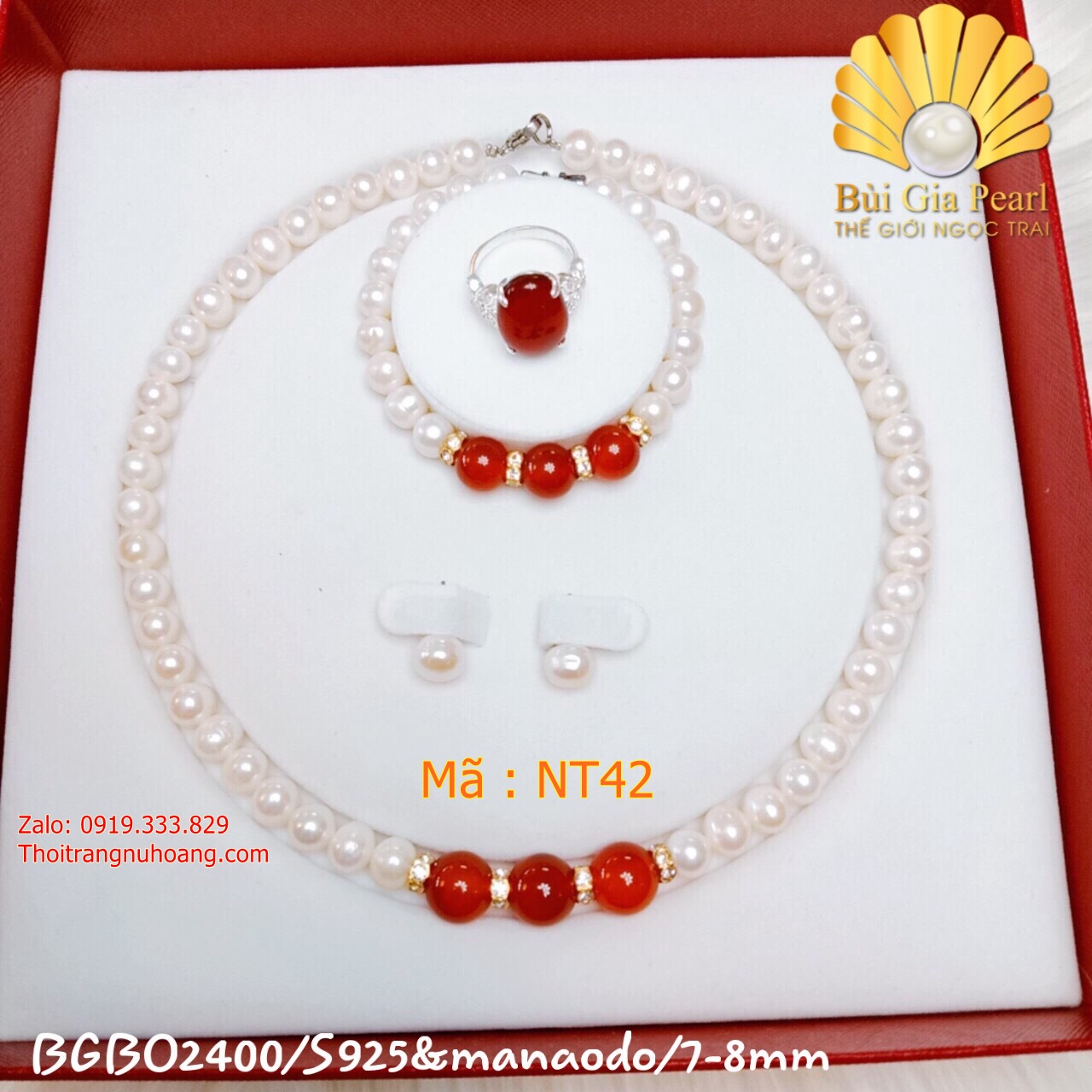 Set ngọc trai trắng phối đá đỏ cao cấp NT42